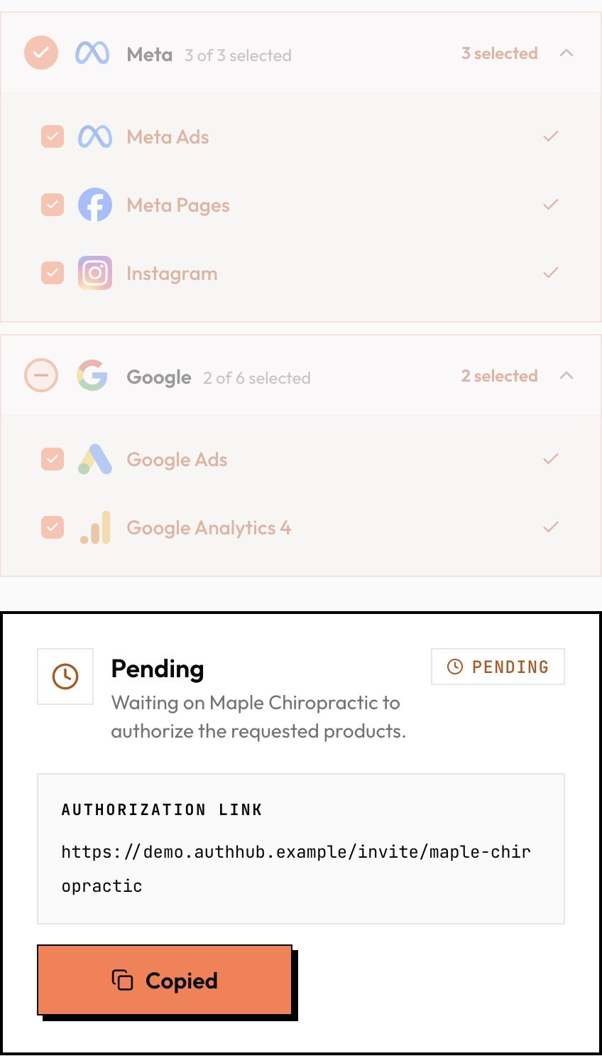 AuthHub Meta and Google products selected, followed by an authorization link copied for Maple Chiropractic.